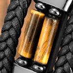 Men's Leather Bracelet with Stainless Steel & Bohemia Stone Beads - Tiger Eye Stone